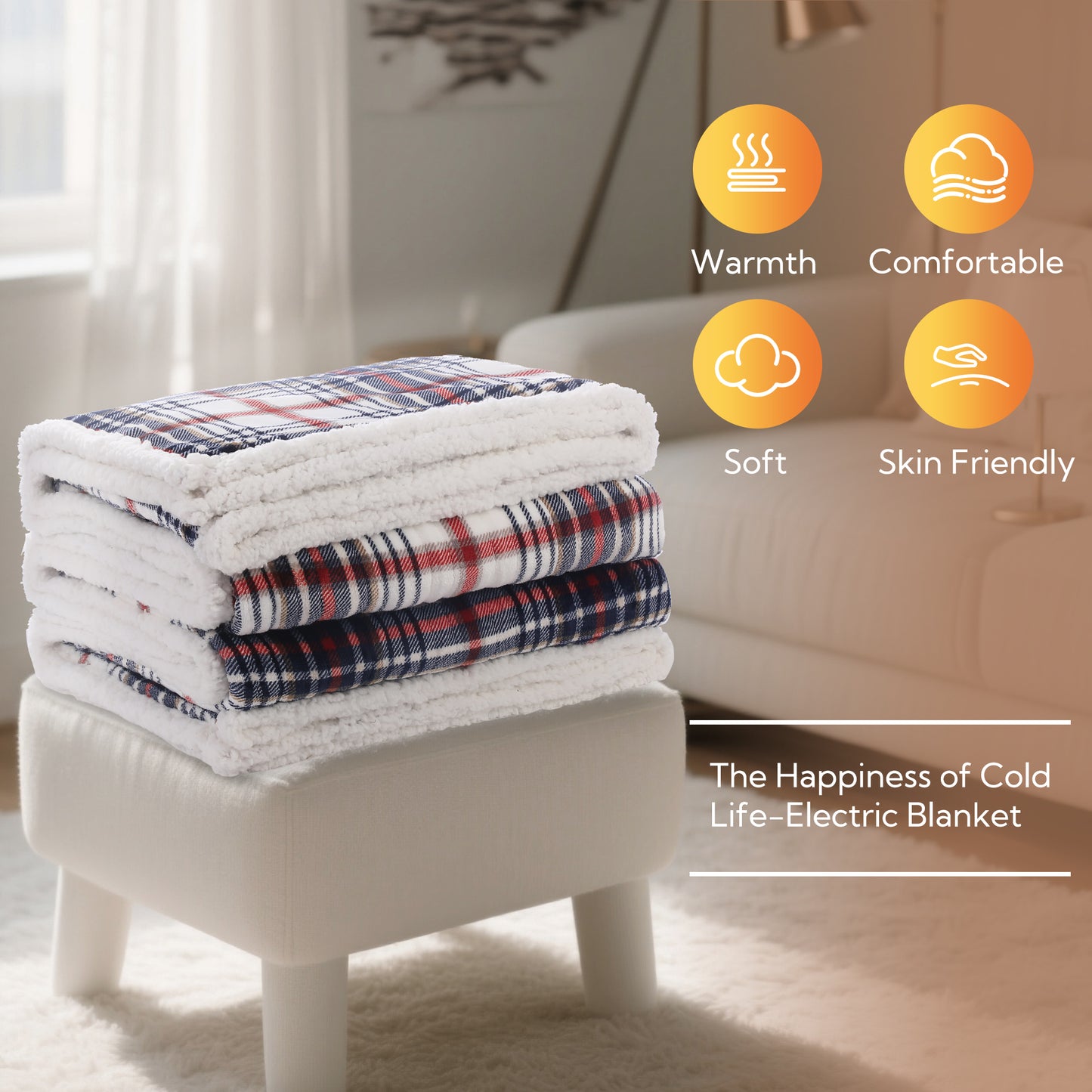 SUNNY HEAT Electric Heated Blanket 72"x84" Full Size, 10 Heating Levels & 12 H Auto Shut Off, Cotton & Microplush Plaid, Blue & White