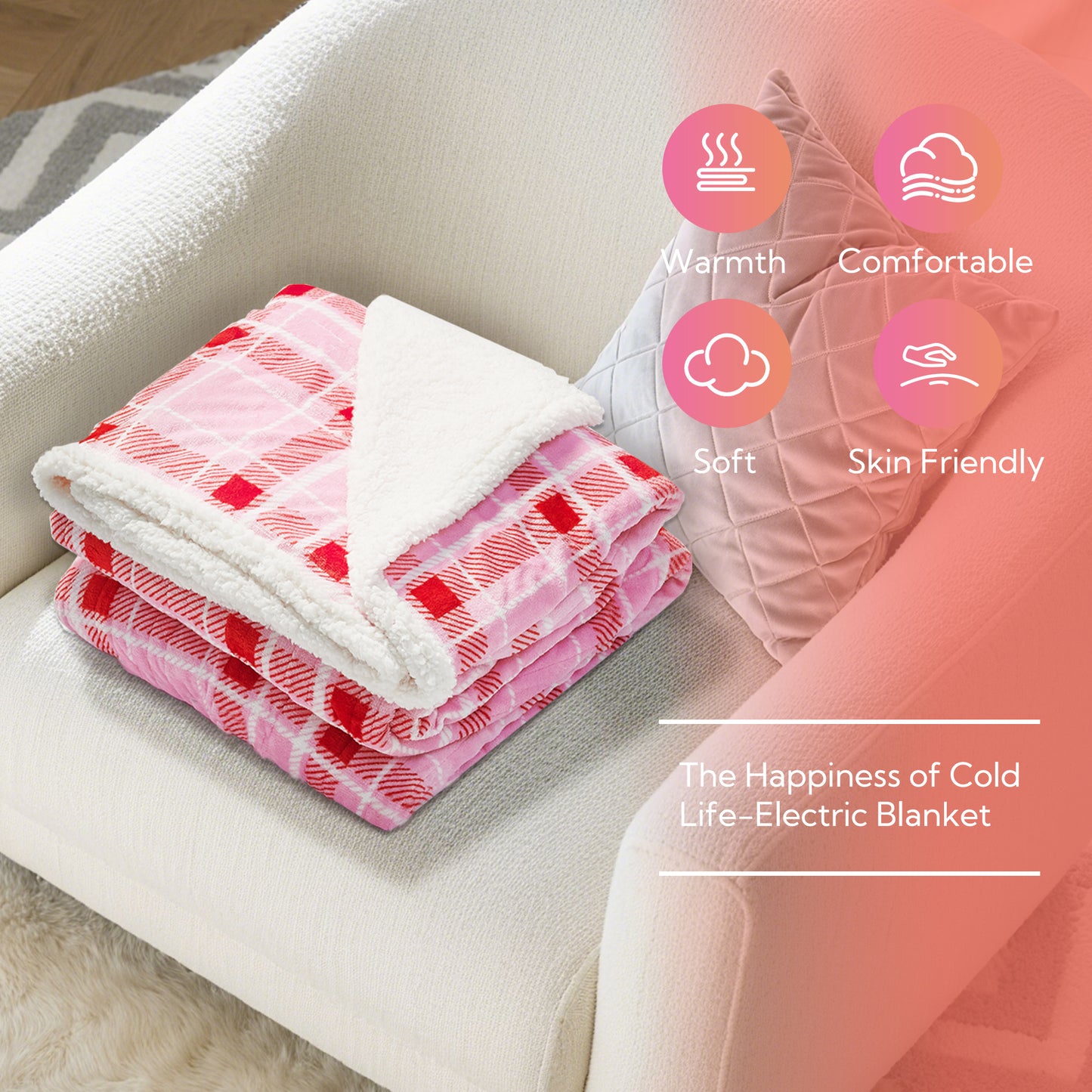 SUNNY HEAT Electric Heated Blanket 72"x84" Full Size, 10 Heating Levels & 12 H Auto Shut Off, Cotton & Microplush Plaid, Pink