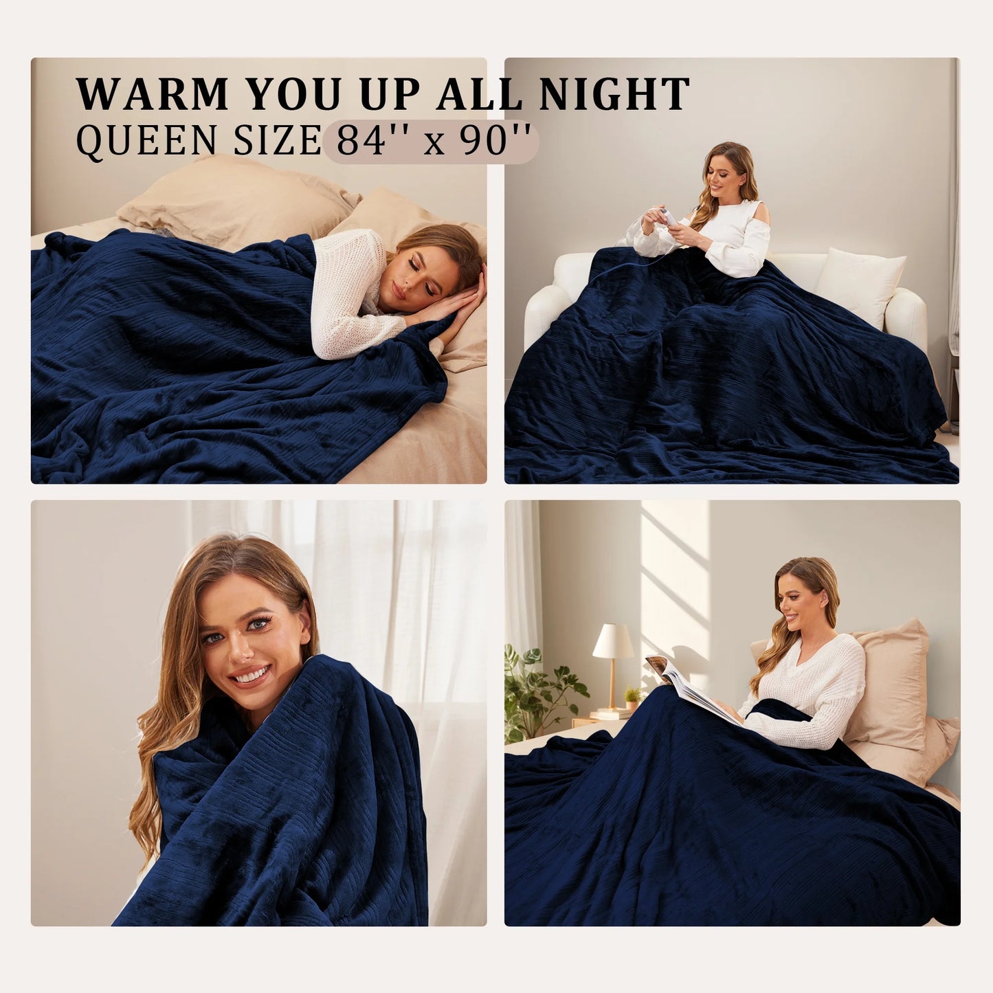 Electric Heated Blanket 84'' x 90'' Queen Size Flannel Machine Washable, Warm and Cozy all Night, Dual Control-Dark Blue
