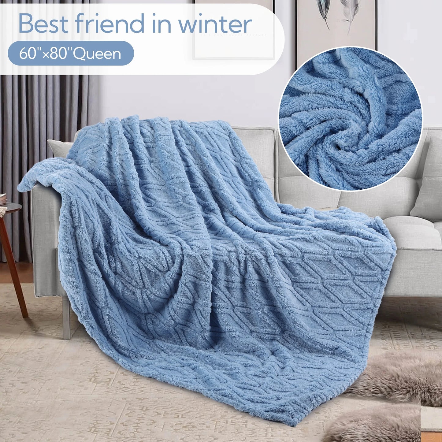 SUNNY HEAT Sherpa Blanket Queen Size 60''x80'' All-Season Ultra Soft Bed Blanket Couch, Bed, Sofa, Travel Use, Light Sky Blue