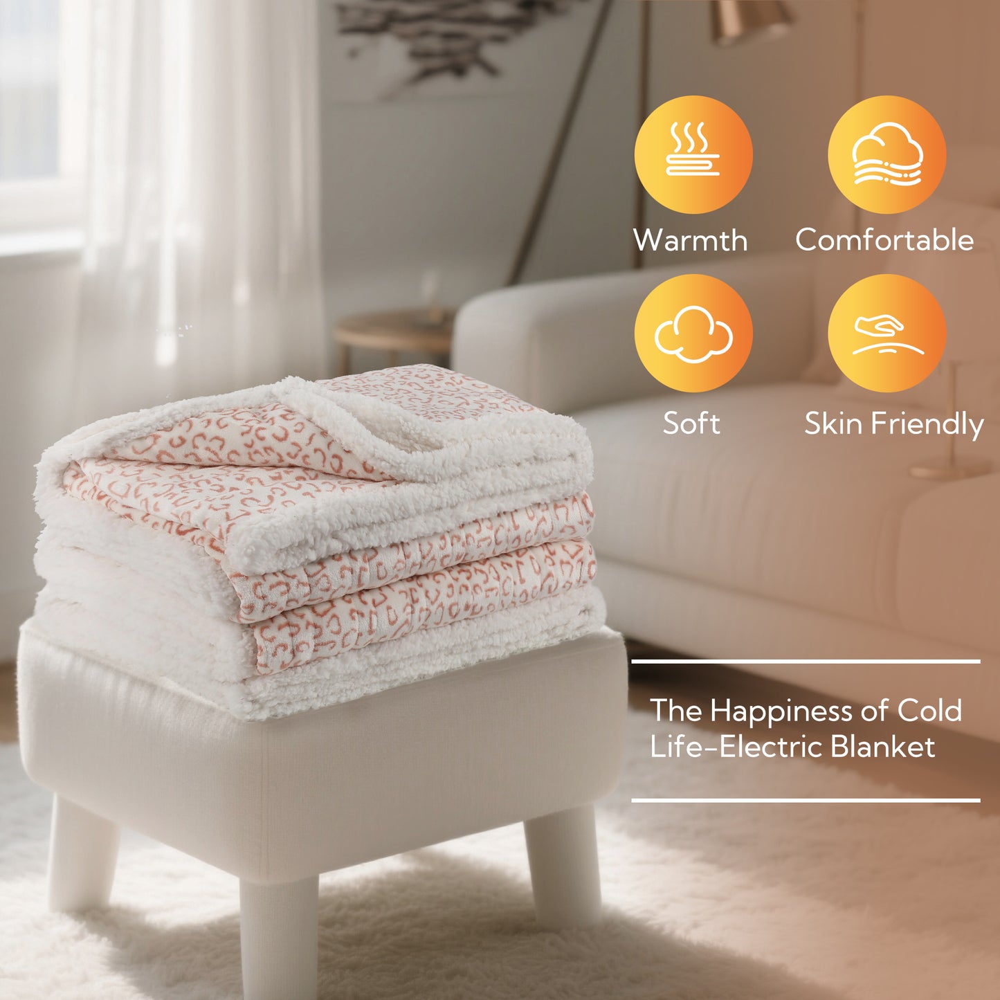 SUNNY HEAT Heated Electric Blanket Full Size 72'' x 84'' 6 Heating Levels & 1-10 Hours Auto Off , Leopard Brown & White