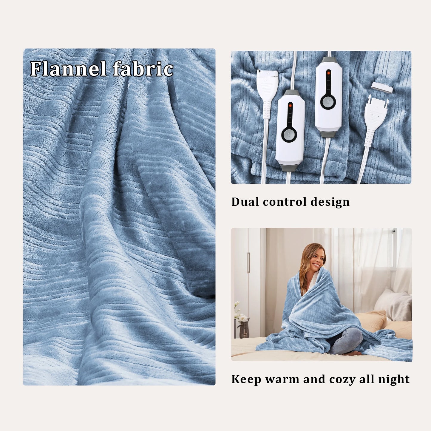 Electric Heated Blanket 84'' x 90'' Queen Size Flannel Machine Washable, Warm and Cozy all Night, Dual Control-Light Blue