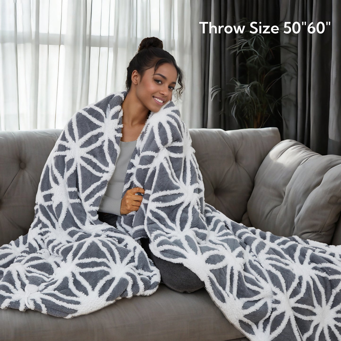 SUNNY HEAT Electric Heated Blanket 5 Heating Levels & 3 H Auto Shut Off, Warm Sherpa & Breathable, 50x60 Inch, Gray