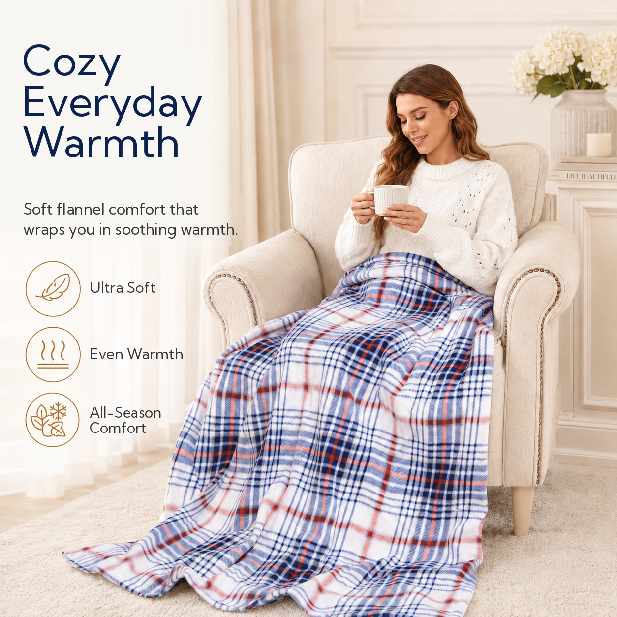SUNNY HEAT Electric Heated Blanket 50" x 60" Throw Size-4 Heating Settings & 3 Hours Auto off, Microplush Machine Washable-Navy White Red