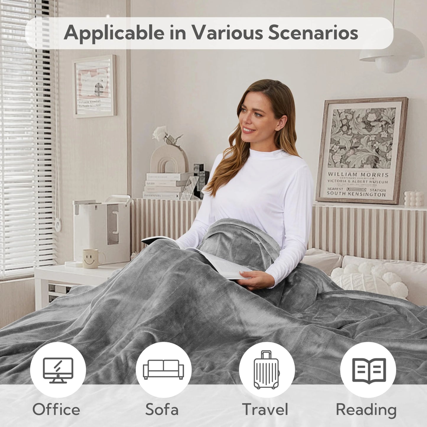 SUNNY HEAT Electric Heated Blanket Flannel Queen Size 84" x 90", 4 Heating Settings & 10 Hours Auto Off, Cozy Dual Control, Light Grey