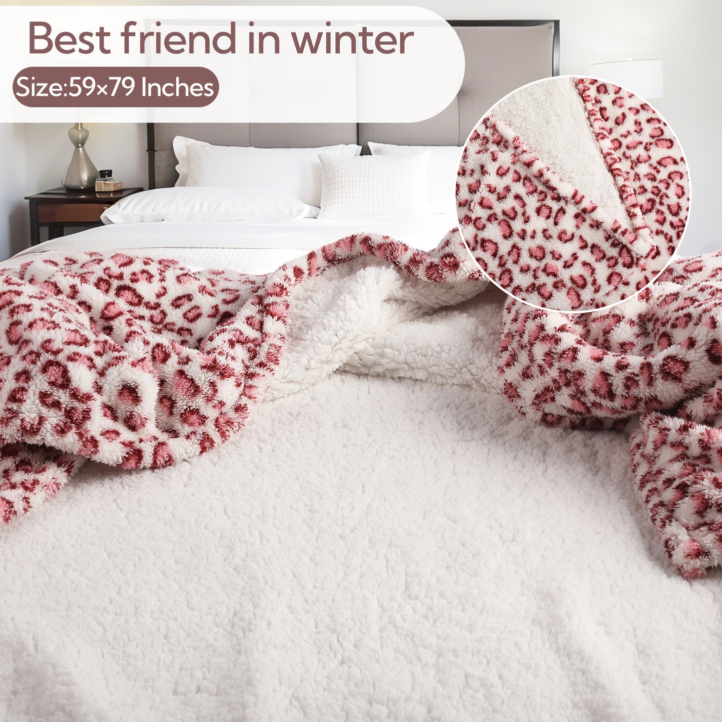 SUNNY HEAT Blanket 60''x80'' All-Season Ultra Soft Bed Blanket Couch, Bed, Sofa, Travel Use, pink and white