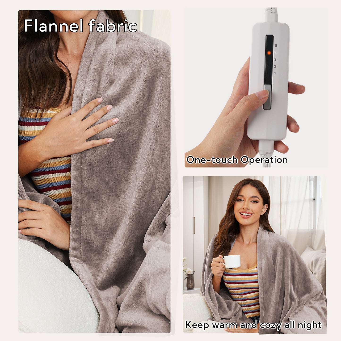 Heated Electric Blanket 50'' x 60'' Throw Size with 4 Heating Levels & 3H Auto Off, Flannel Material Keep Warm all Night, Linen