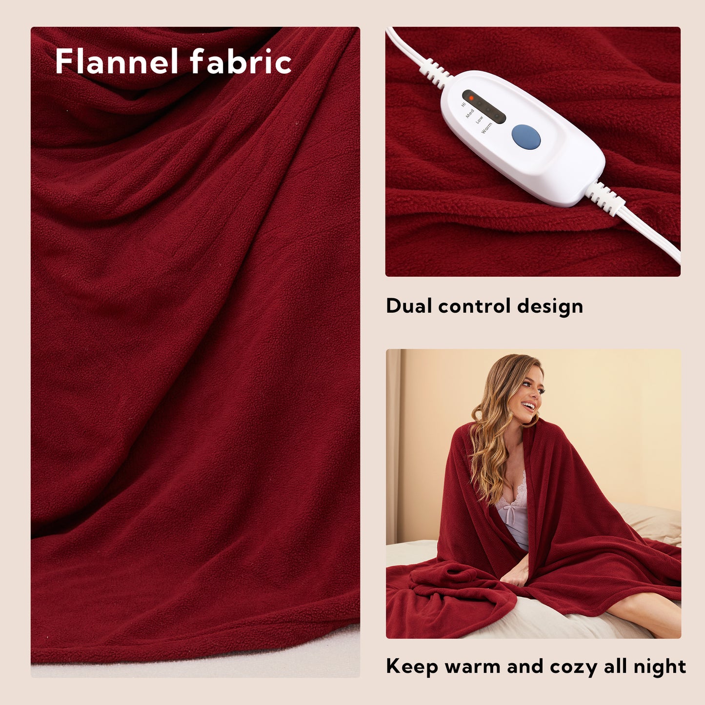 SUNNY HEAT Electric Heated Blanket 72'' x 84'' Polar Fleece Full Size Machine Washable, Dark Red