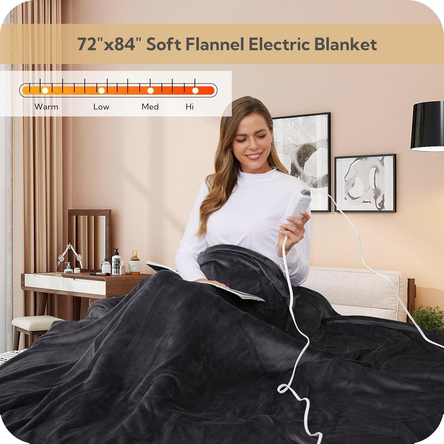 SUNNY HEAT Electric Heated Blanket Flannel 72" x 84" Full Size-4 Heating Settings & 10 Hours Auto Off, Warm Machine Washable- Dark Grey