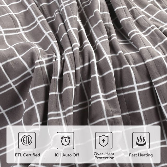 Heated Electric Blanket Queen Size 84''*90''-Super Soft And Warm Electric Blanket With 4 Heat Levels 10 Hours Auto Off, Light grey lattice