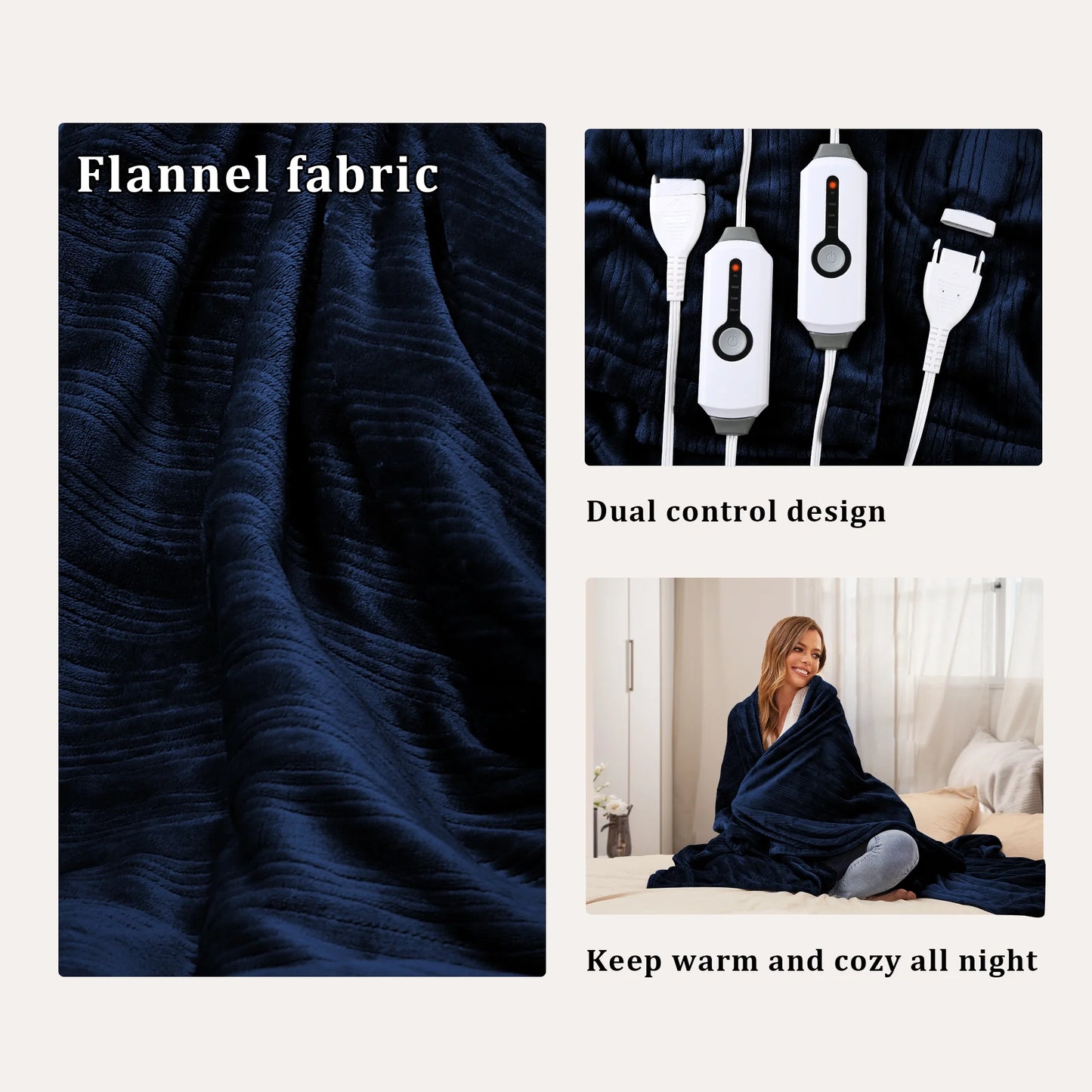 Electric Heated Blanket 84'' x 90'' Queen Size Flannel Machine Washable, Warm and Cozy all Night, Dual Control-Dark Blue