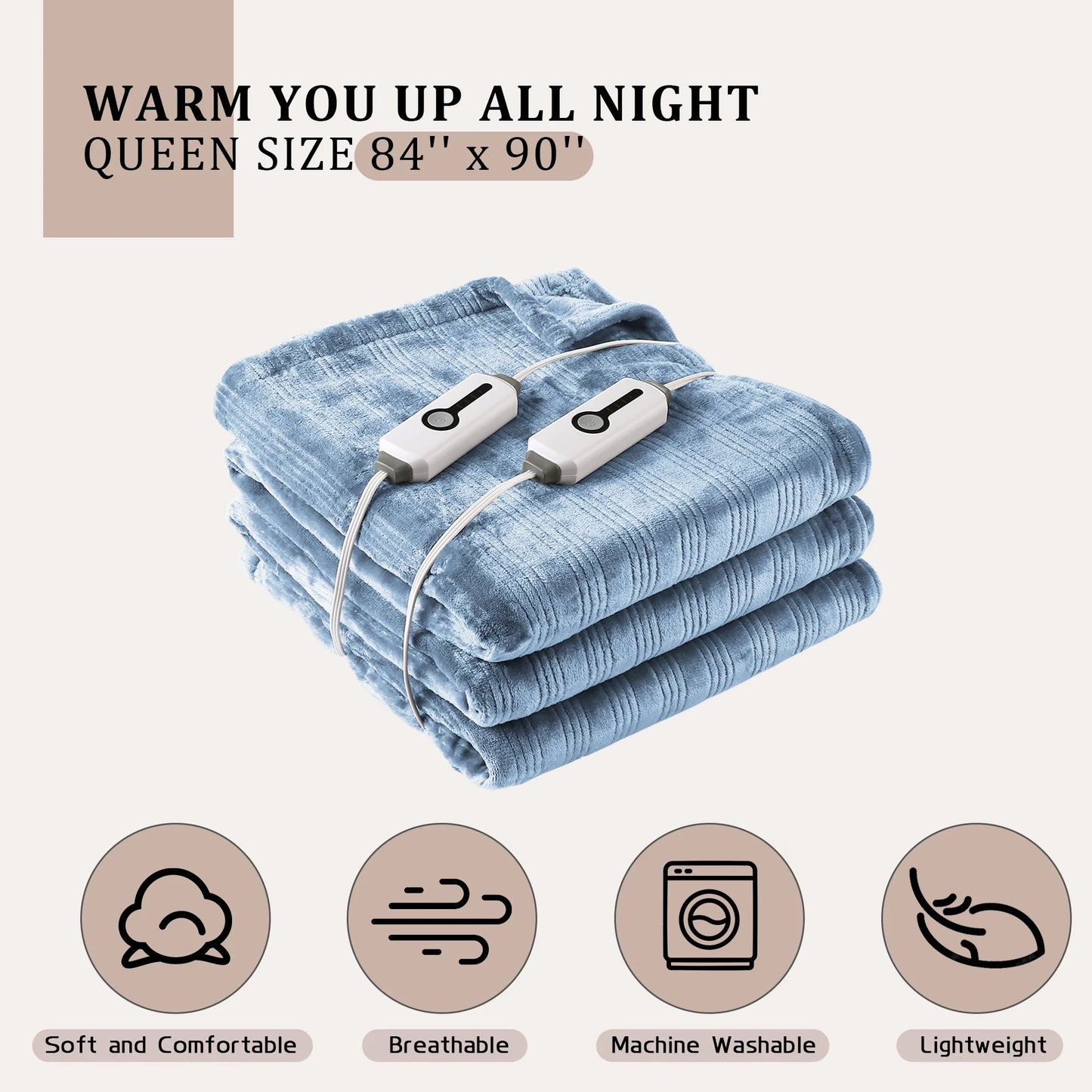 Electric Heated Blanket 84'' x 90'' Queen Size Flannel Machine Washable, Warm and Cozy all Night, Dual Control-Light Blue
