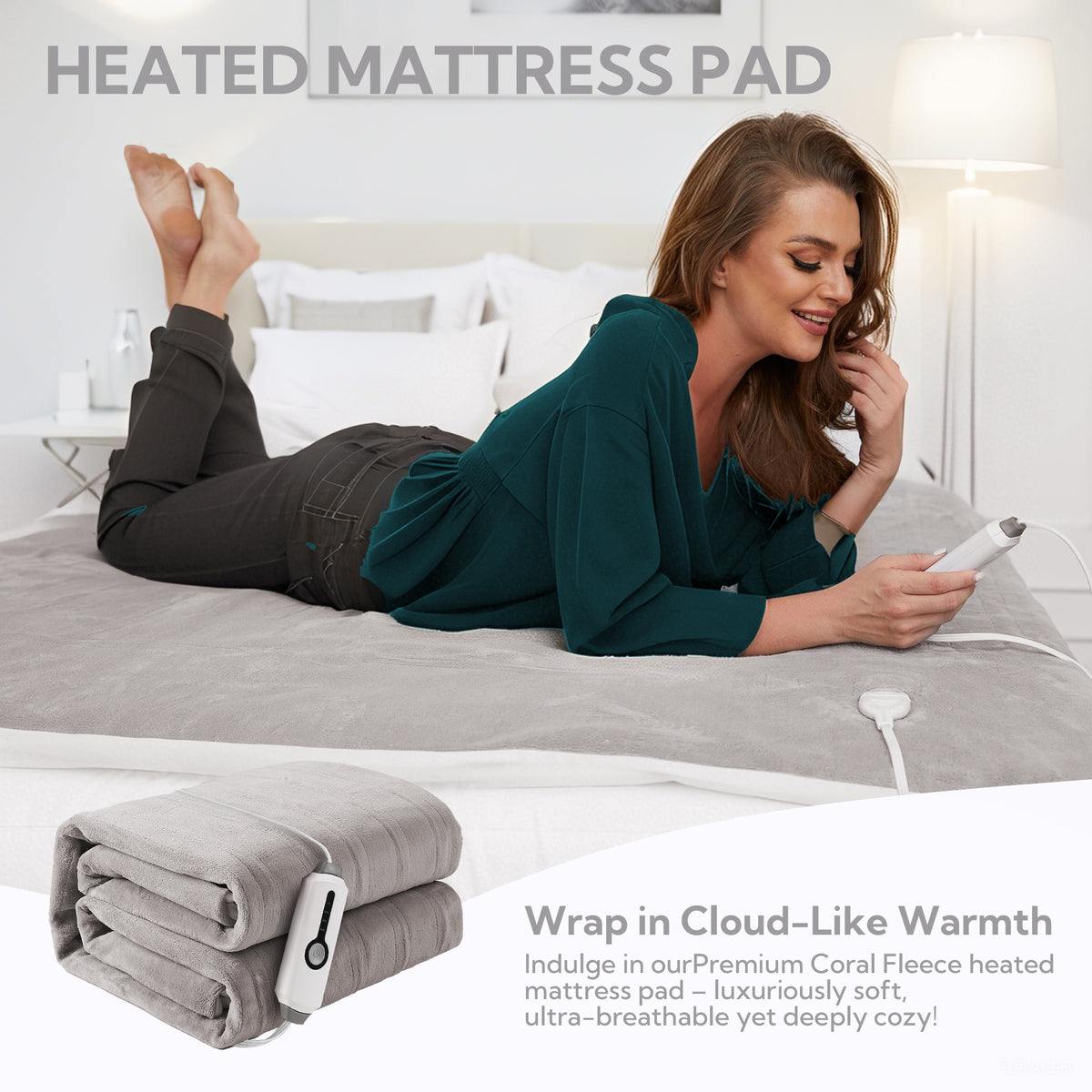 SUNNY HEAT Electric Mattress Pad King Size with Dual Control 4 Temperature 10H Auto-off, Coral Fleece, Light Grey