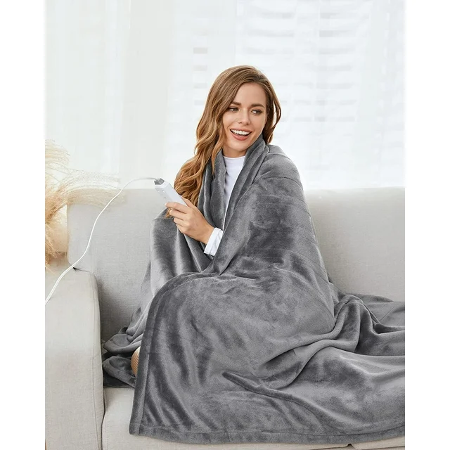 SUNNY HEAT Electric Heated Blanket Throw Flannel 50" x 60" Throw Size-4 Heating Settings & 3 Hours Auto off, Soft Machine Washable-Light Grey