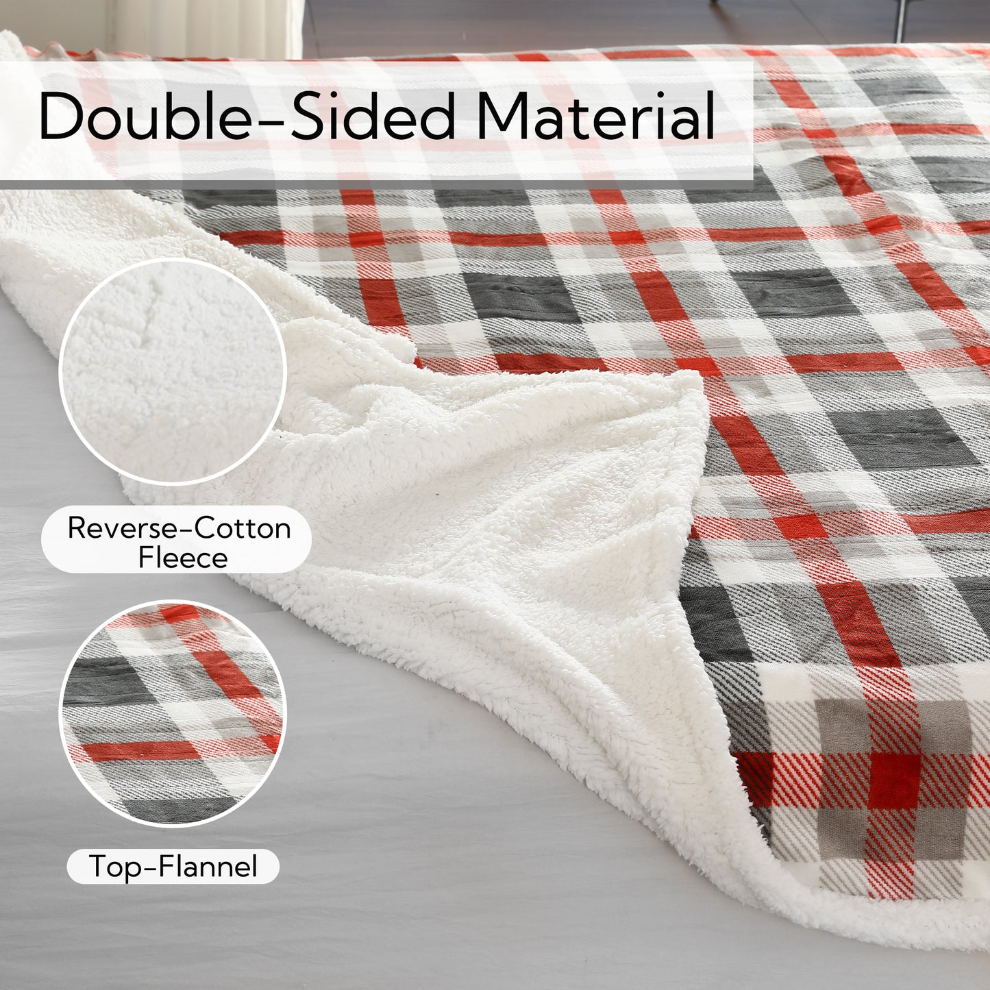 SUNNY HEAT Electric Heated Blanket 72"x84" Full Size, 10 Heating Levels & 12 H Auto Shut Off, Cotton & Microplush Plaid, Gray & Red & White