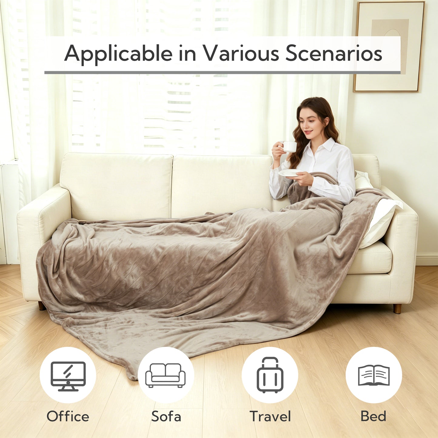 SUNNY HEAT Electric Heated Blanket Full Size 72" x 84" Soft Flannel with 4 Levels Heating & 10Hs Auto off, Machine Washable, Linen