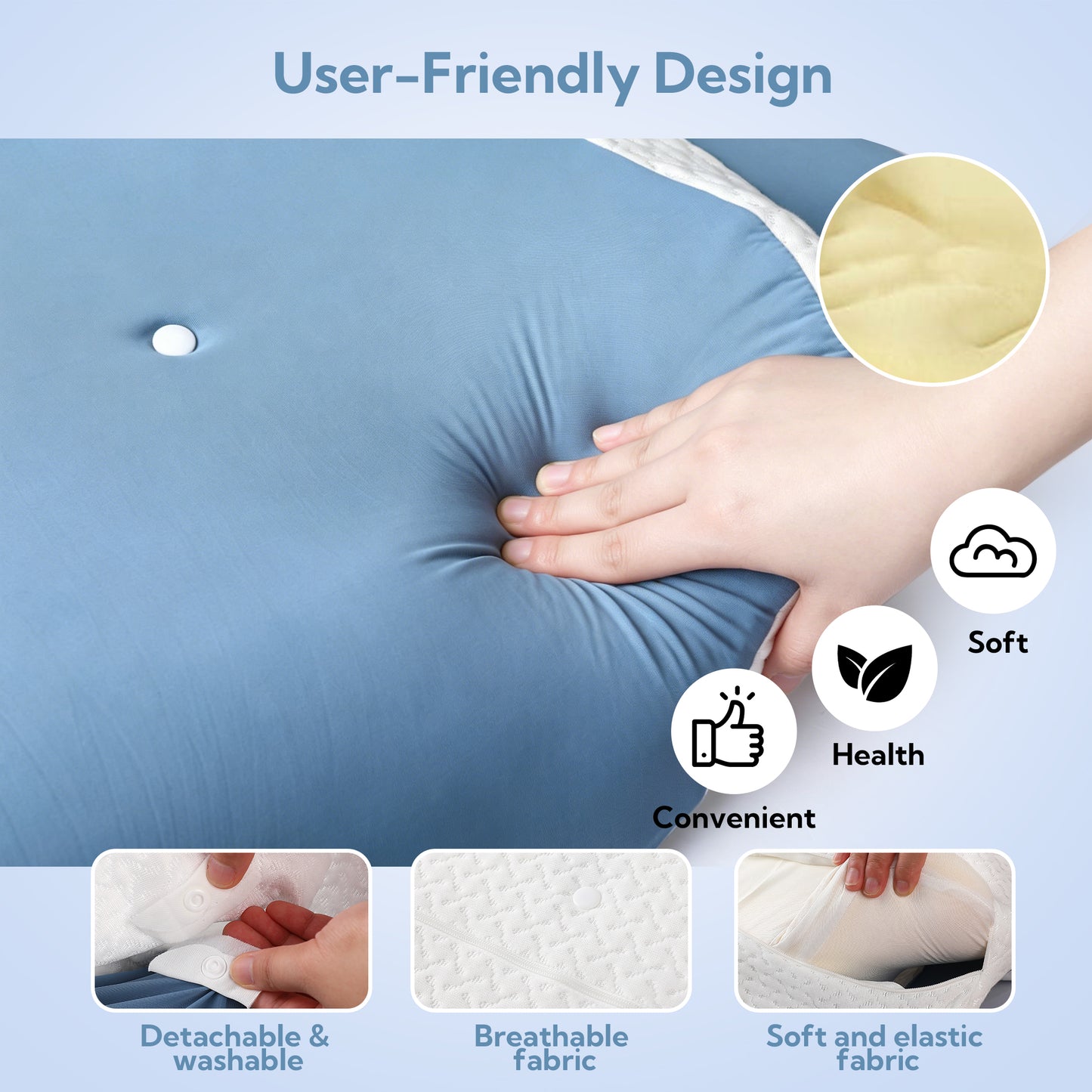 SUNNY HEAT Cervical Pillow for Neck Pain Relief, Orthopedic Memory Foam, Ergonomic Support for All Sleepers, Cooling & Washable Cover, Blue White
