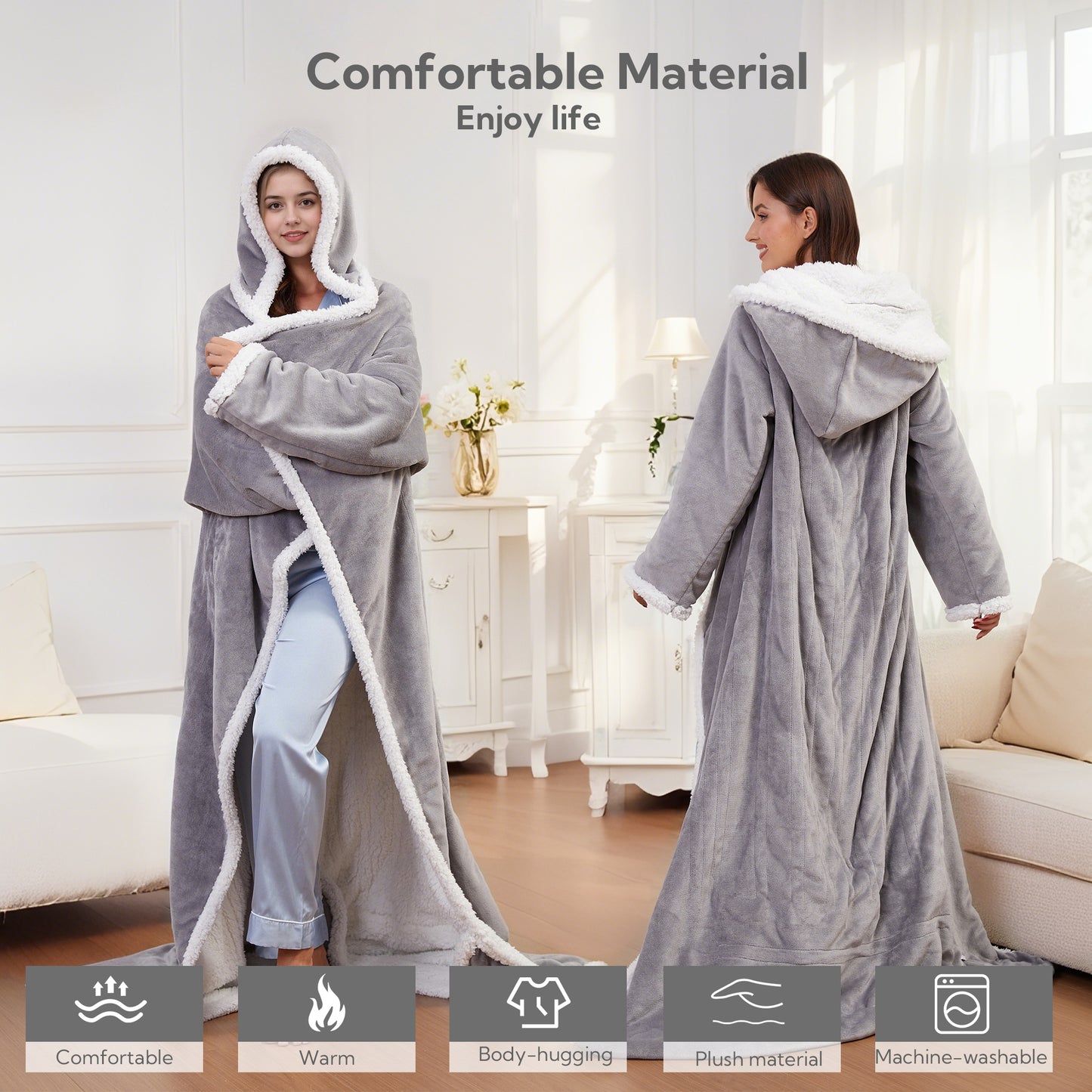 SUNNY HEAT Wearable Electric Heated Blanket 50"x70" , Soft Flanne & Cotton Fleecel,Warm and Cozy, Bed, Sofa,Travel Use,light grey