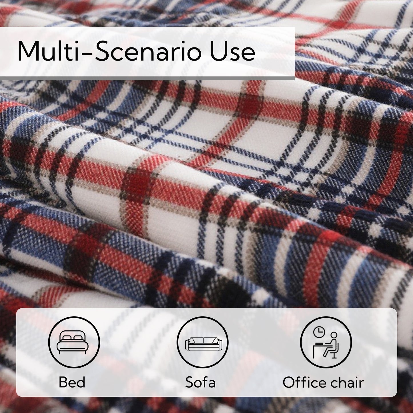 SUNNY HEAT Electric Heated Blanket 72"x84" Full Size, 10 Heating Levels & 12 H Auto Shut Off, Cotton & Microplush Plaid, Blue & White