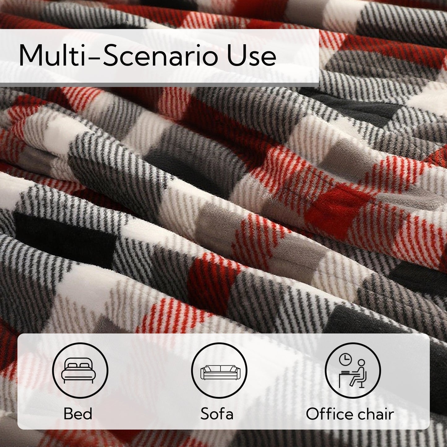 SUNNY HEAT Electric Heated Blanket 72"x84" Full Size, 10 Heating Levels & 12 H Auto Shut Off, Cotton & Microplush Plaid, Gray & Red & White