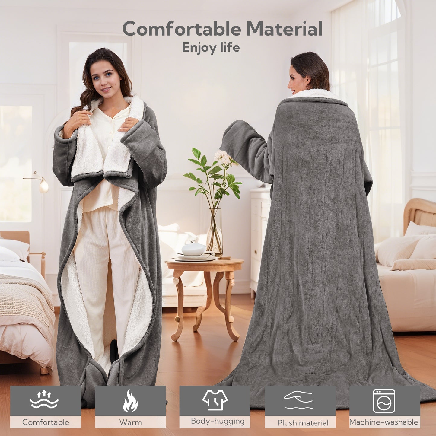 SUNNY HEAT Wearable Electric Heated Blanket 50"x70" , Soft Flanne & Cotton Fleecel,Warm and Cozy, Bed, Sofa,Travel Use,light grey
