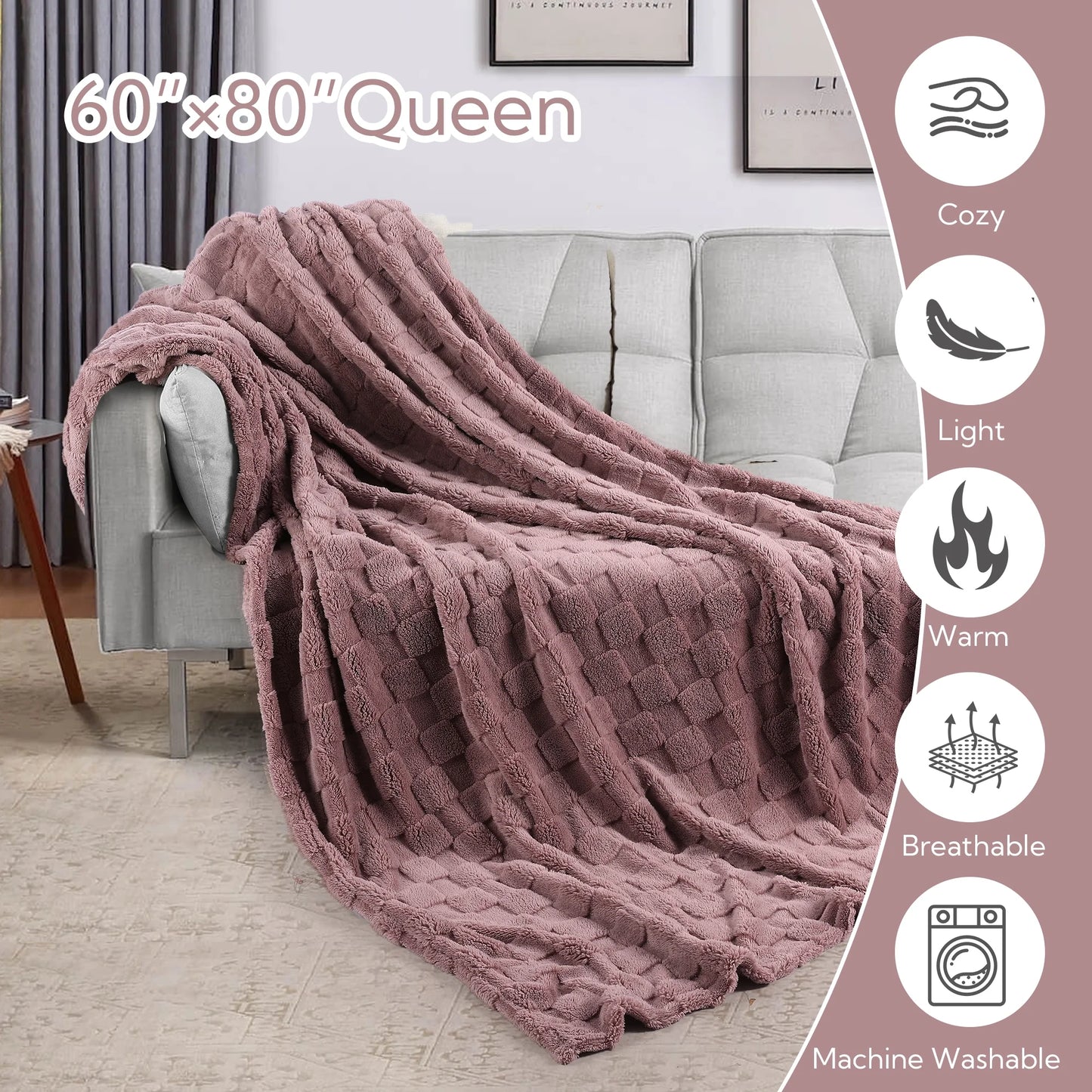 SUNNY HEAT Sherpa Blanket Queen Size 60''x80'' All-Season Lightweight Ultra Soft Bed Blanket Couch, Bed, Sofa, Travel Use, Gift, Berry