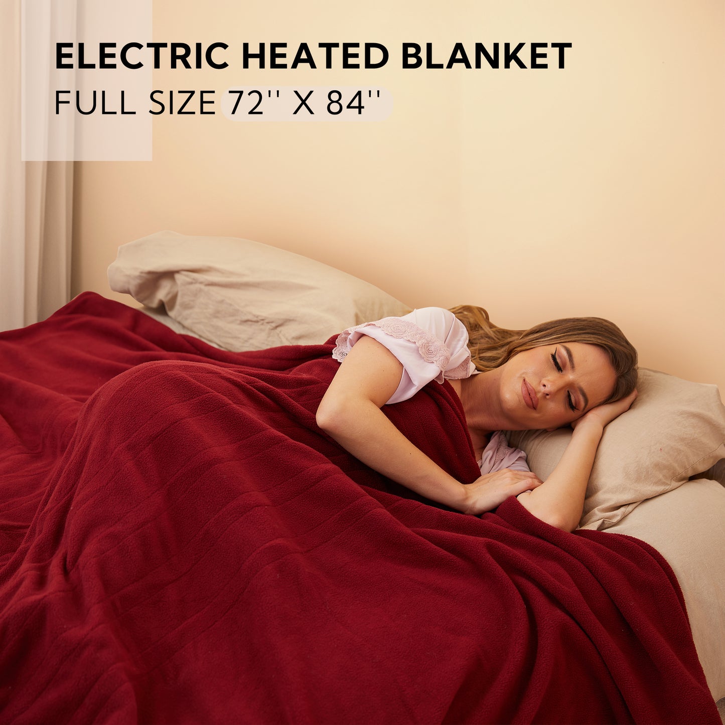 SUNNY HEAT Electric Heated Blanket 72'' x 84'' Polar Fleece Full Size Machine Washable, Dark Red