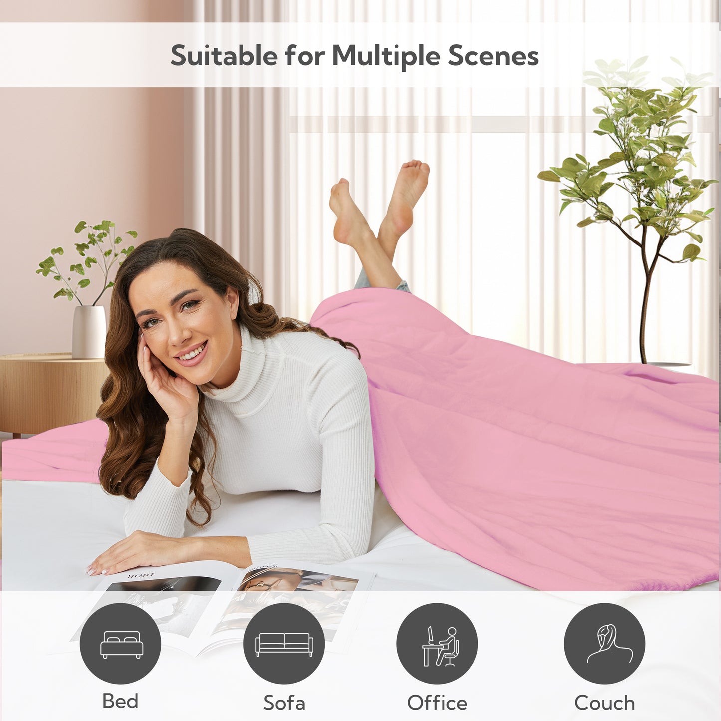 SUNNY HEAT Electric Heated Blanket Flannel 72" x 84" Full Size- 4 Heating Settings & 10 Hours Auto Off, Cozy Machine Washable-Pink