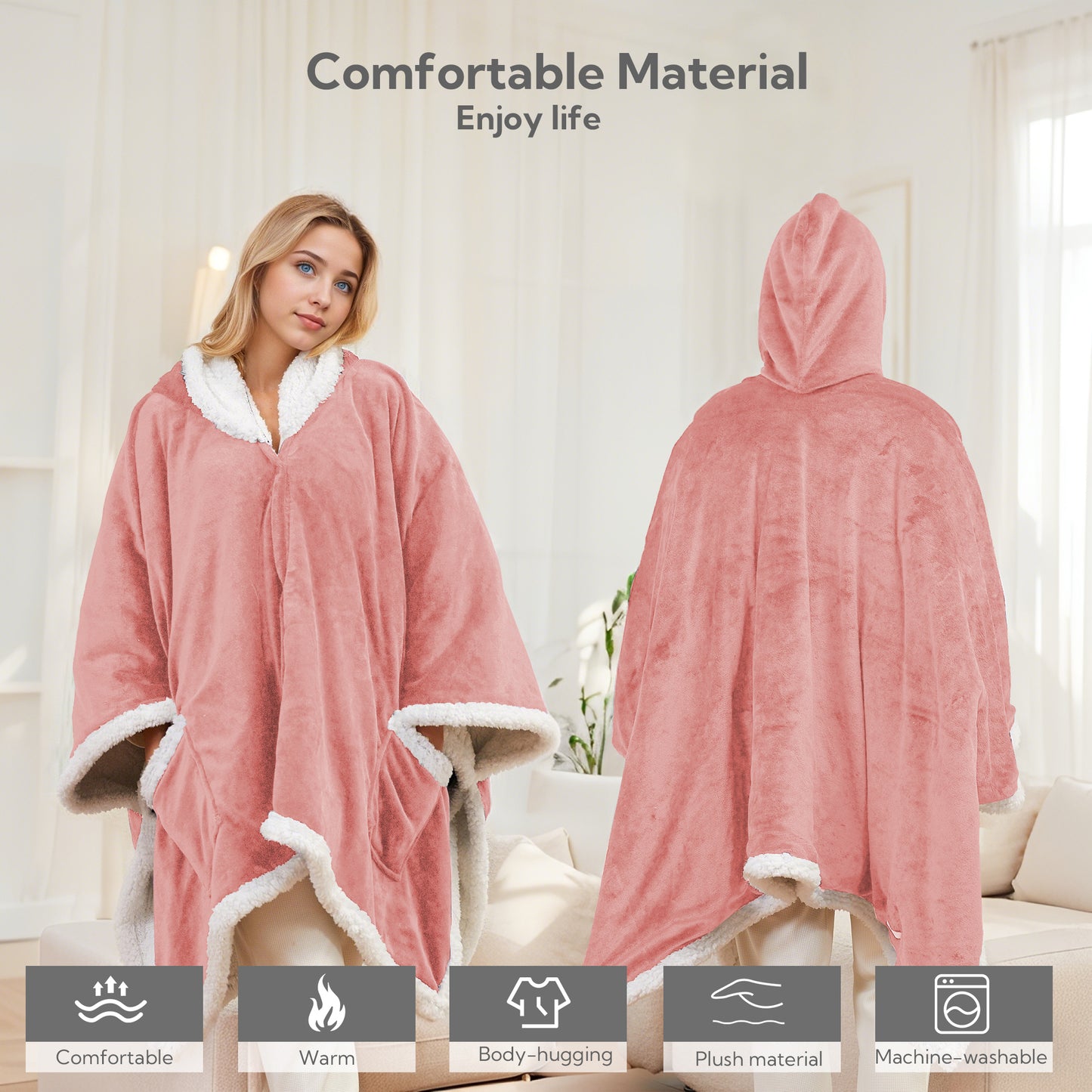 SUNNY HEAT Wearable Electric Heated Blanket 56"x63" , Soft Flanne & Cotton Fleecel,Warm and Cozy, Bed, Sofa,Travel Use,Light pink