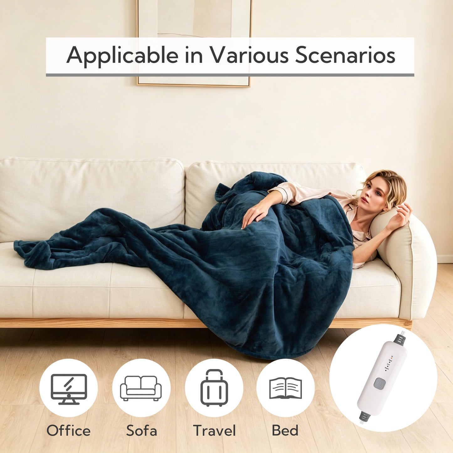 SUNNY HEAT Electric Heated Blanket Full Size 72" x 84" Soft Flannel with 4 Levels Heating & 10Hs Auto off, Machine Washable, Dark Navy