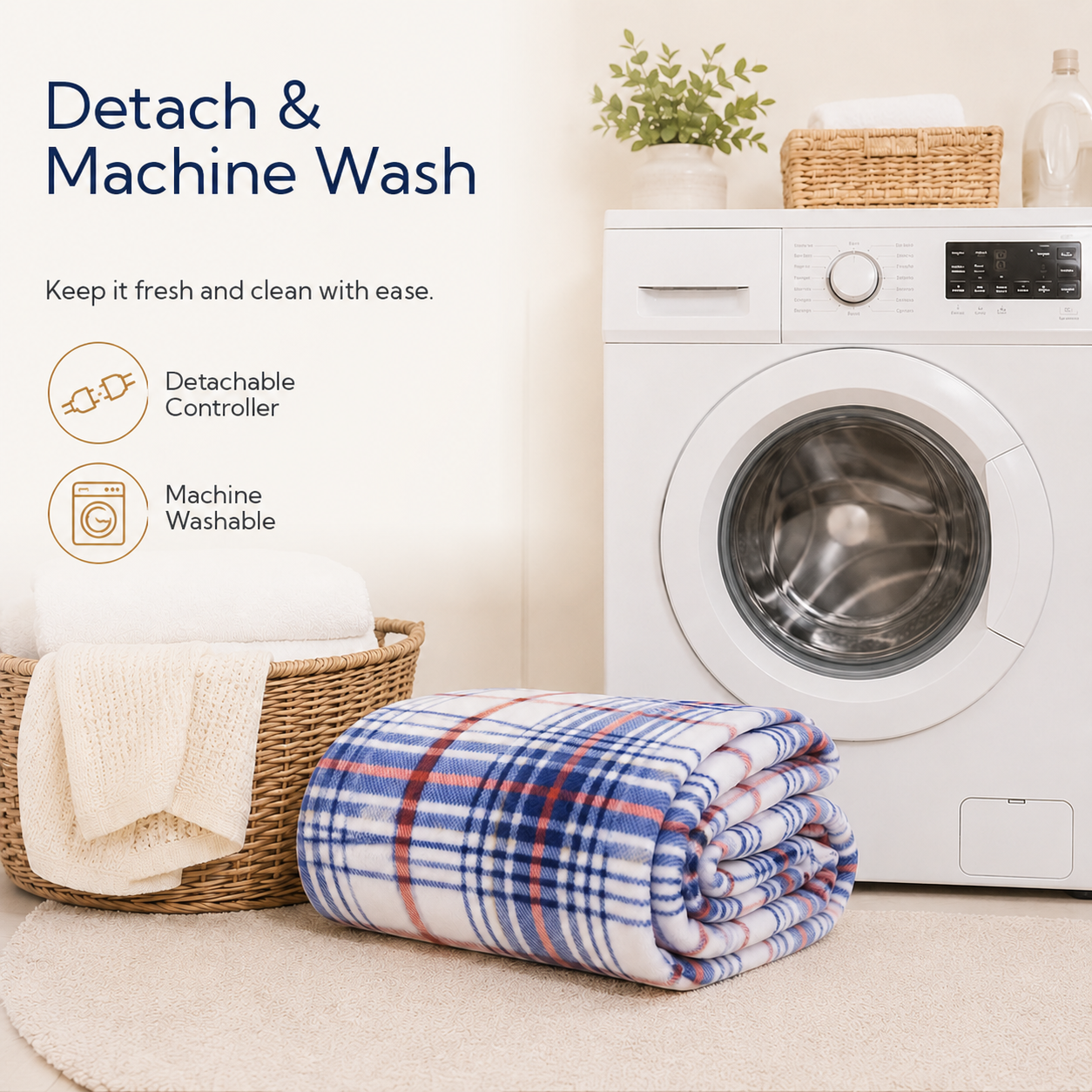 SUNNY HEAT Electric Heated Blanket 50" x 60" Throw Size-4 Heating Settings & 3 Hours Auto off, Microplush Machine Washable-Navy White Red
