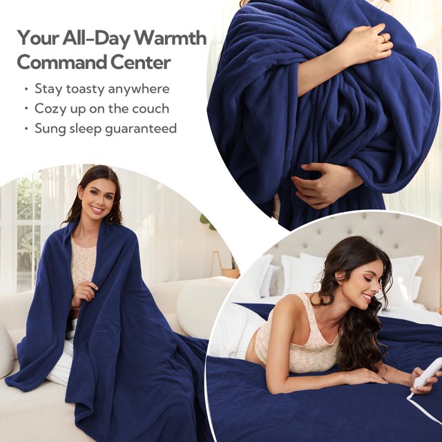 Electric Heated Blanket Full 72"*84" 4 Heat Settings,10 H Auto Shut-Off, Soft Shaker Fleece Oversized Design Heating Blanket, ETL Certified, Midnight Blue