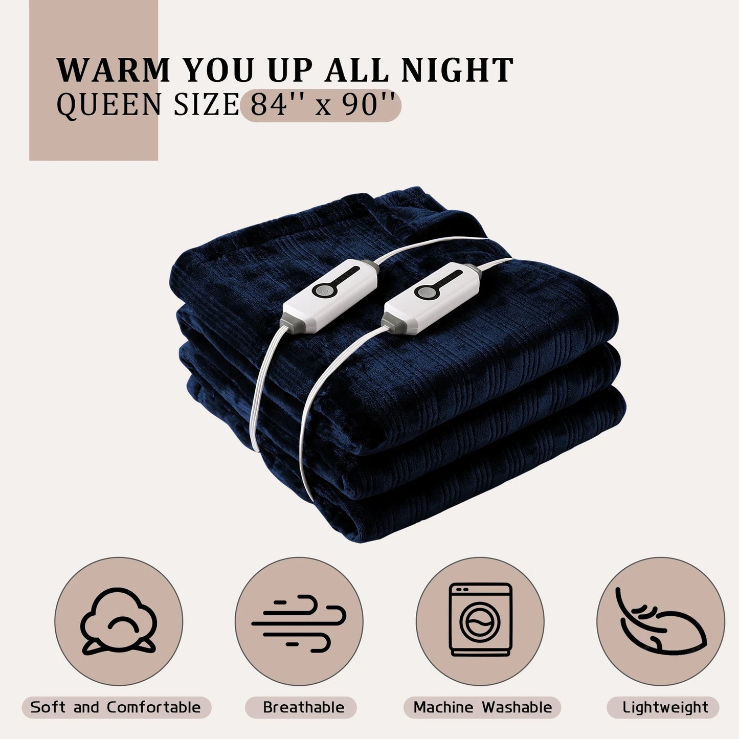 Electric Heated Blanket 84'' x 90'' Queen Size Flannel Machine Washable, Warm and Cozy all Night, Dual Control-Dark Blue