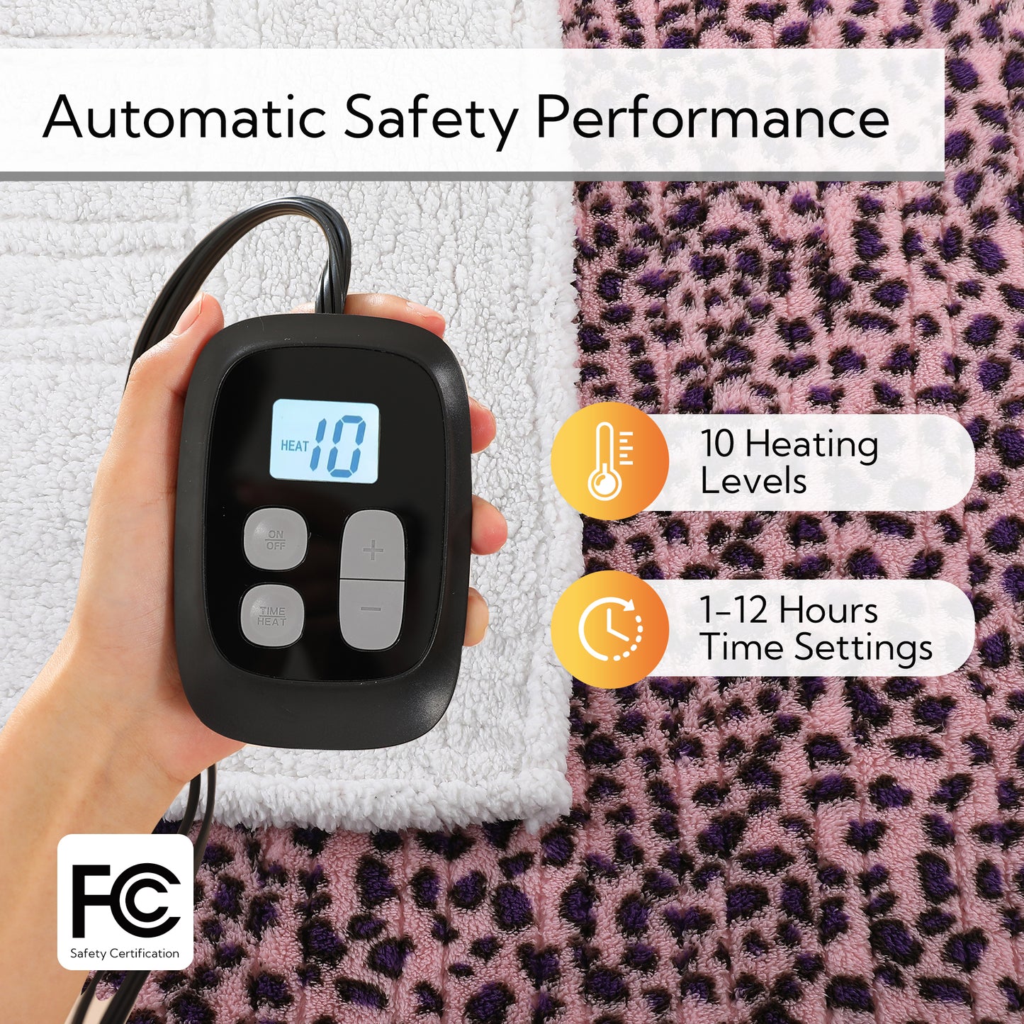 SUNNY HEAT Heated Electric Blanket Full Size 72'' x 84'' 6 Heating Levels & 1-10 Hours Auto Off , Leopard Pink & Purple