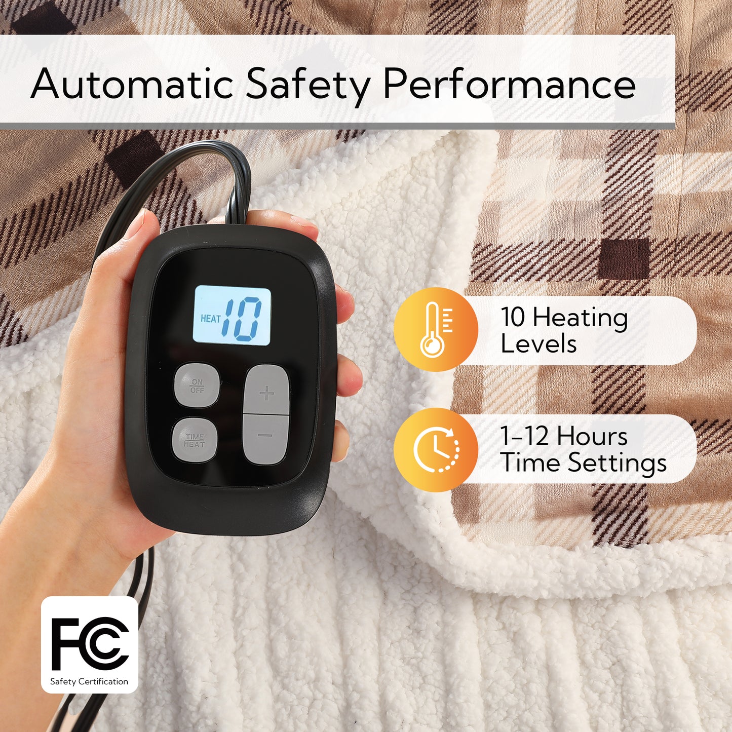 SUNNY HEAT Electric Heated Blanket 72"x84" Full Size, 10 Heating Levels & 12 H Auto Shut Off, Cotton & Microplush Plaid, Brown