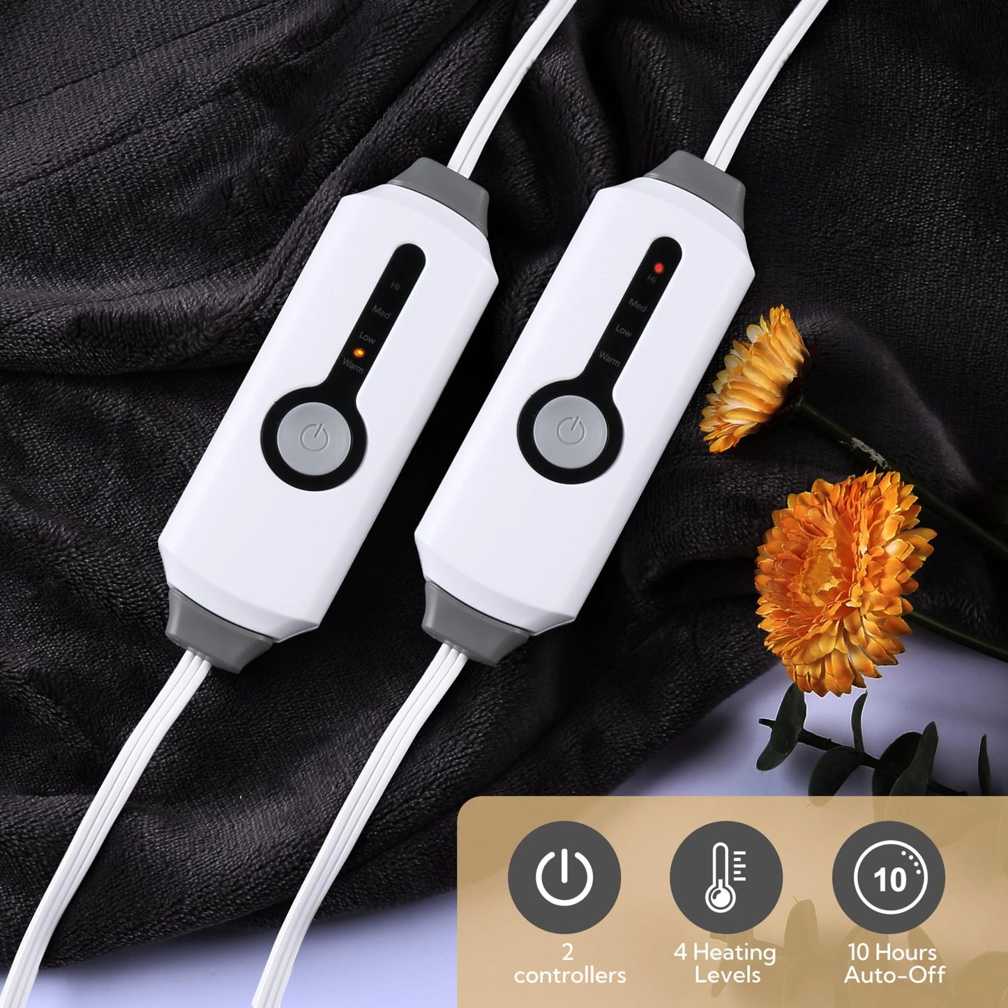 SUNNY HEAT Electric Heated Blanket Flannel Queen Size 84" x 90", 4 Heating Settings & 10 Hours Auto Off, Cozy Dual Control, Dark Grey