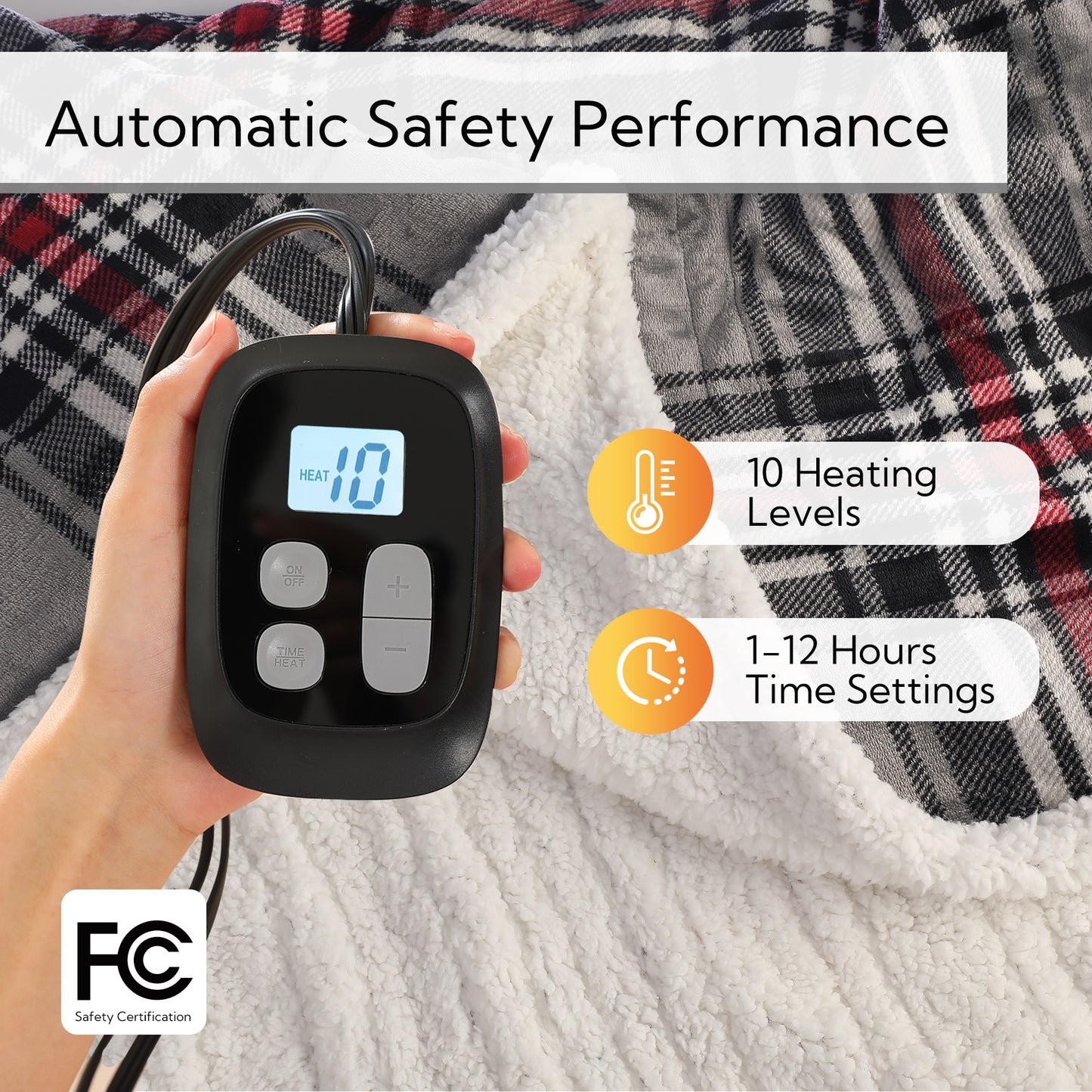 SUNNY HEAT Electric Heated Blanket 72"x84" Full Size, 10 Heating Levels & 12 H Auto Shut Off, Cotton & Microplush Plaid, Gray & Red