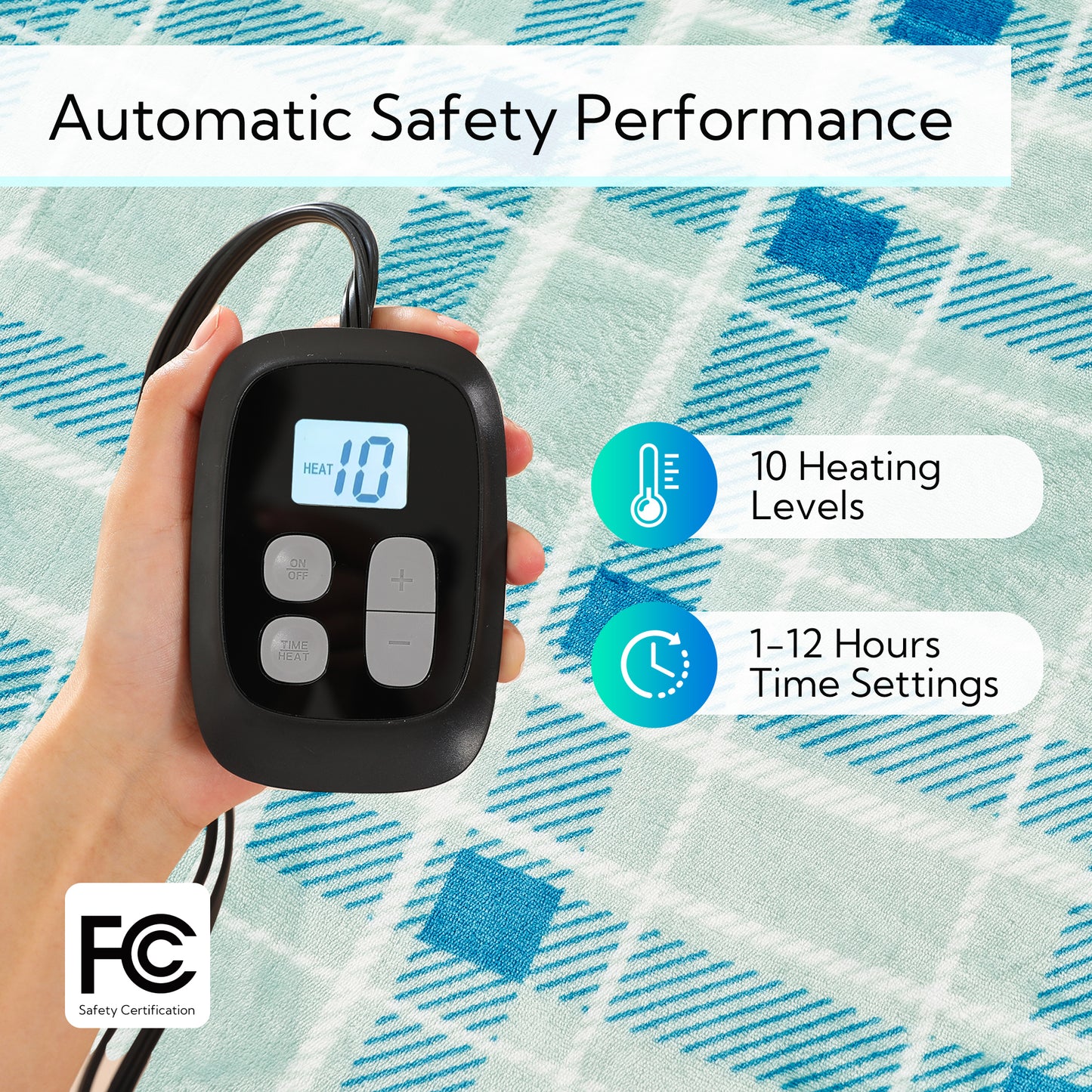 SUNNY HEAT Electric Heated Blanket 72"x84" Full Size, 10 Heating Levels & 12 H Auto Shut Off, Cotton & Microplush Plaid, Green