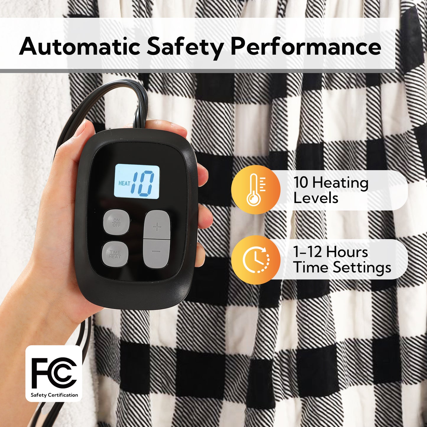 SUNNY HEAT Electric Heated Blanket 72"x84" Full Size, 10 Heating Levels & 12 H Auto Shut Off, Cotton & Microplush Plaid, Black & White