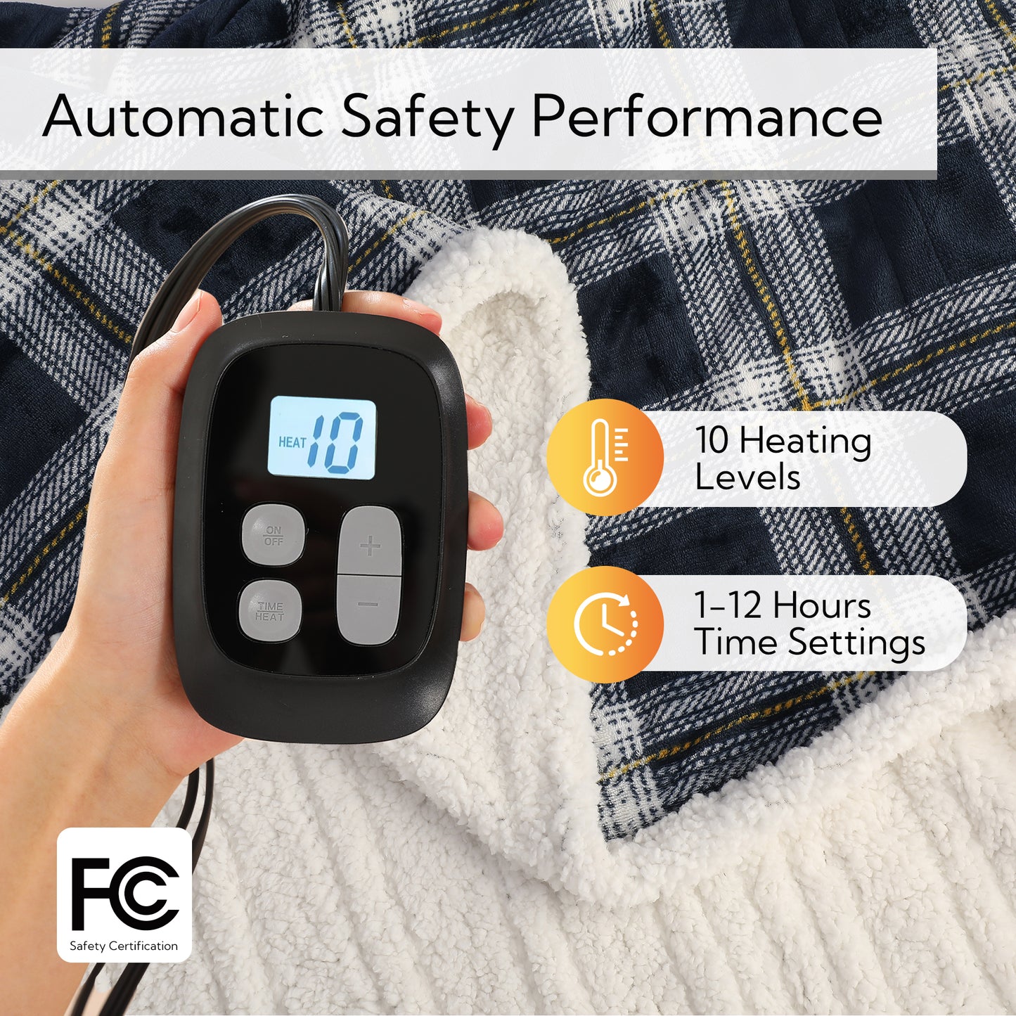 SUNNY HEAT Electric Heated Blanket 72"x84" Full Size, 10 Heating Levels & 12 H Auto Shut Off, Cotton & Microplush Plaid, Dark Blue & White