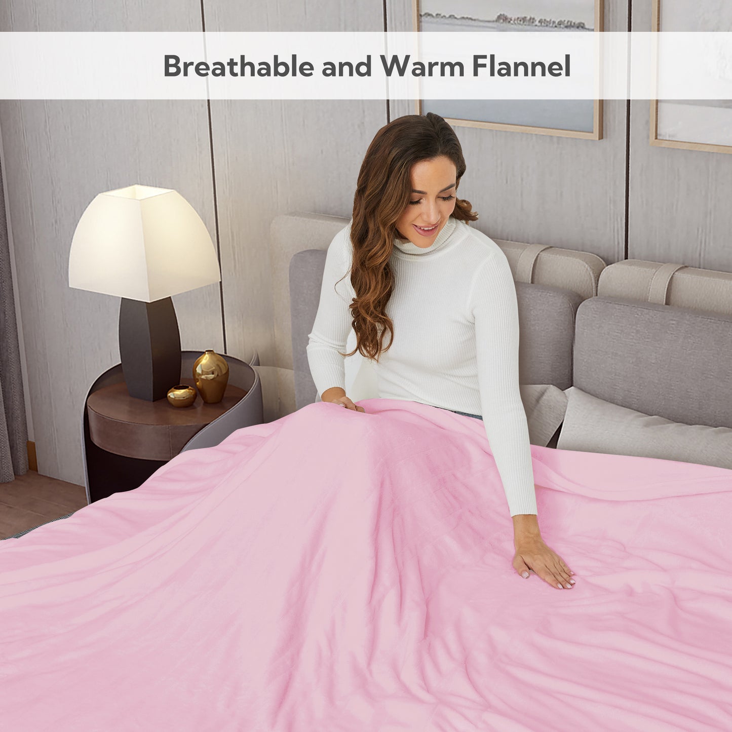 SUNNY HEAT Electric Heated Blanket Flannel Queen Size 84" x 90", 4 Heating Settings & 10 Hours Auto Off, Cozy Dual Control, Pink