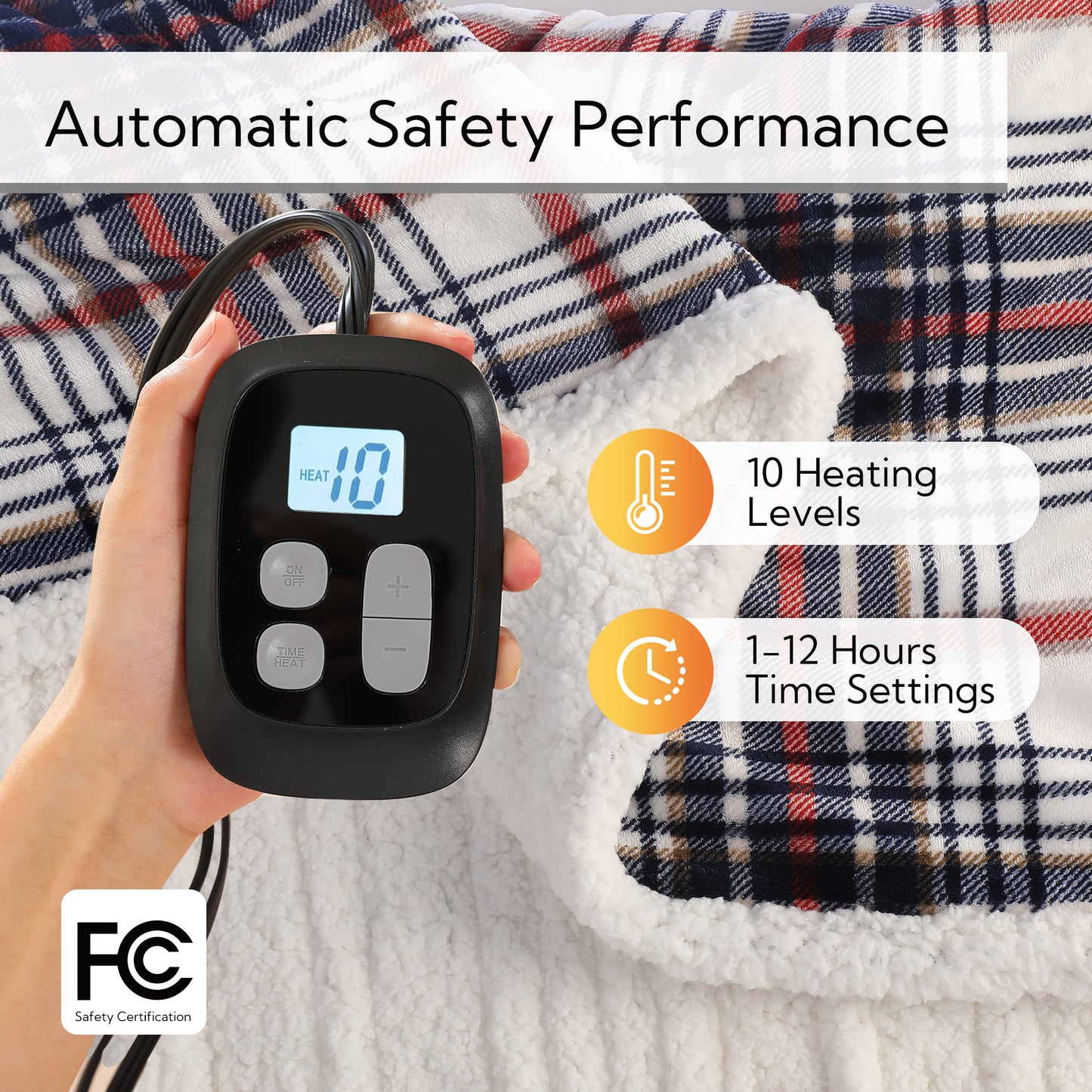SUNNY HEAT Electric Heated Blanket 72"x84" Full Size, 10 Heating Levels & 12 H Auto Shut Off, Cotton & Microplush Plaid, Blue & White