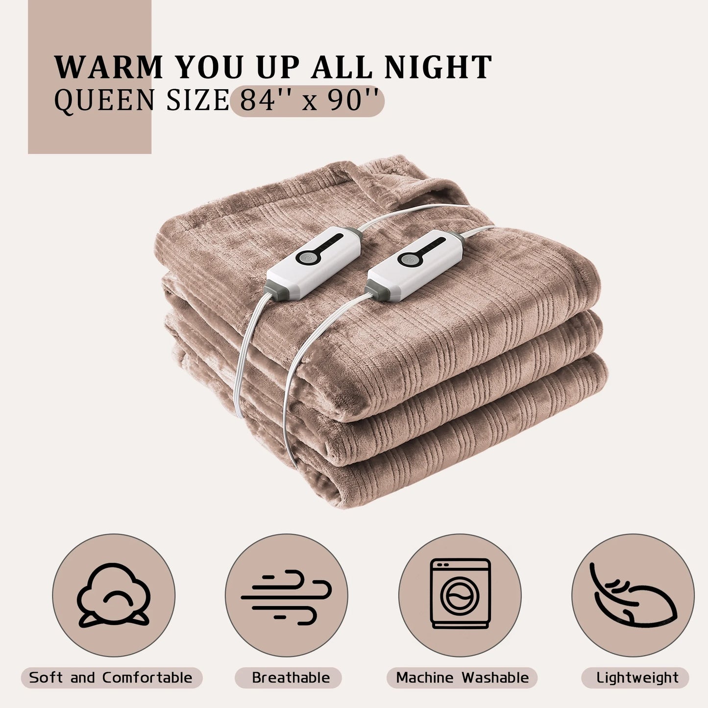 Electric Heated Blanket 84'' x 90'' Queen Size Flannel Machine Washable, Warm and Cozy all Night, Dual Control-Linen