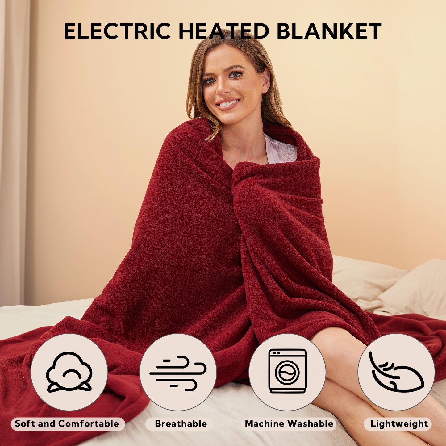 SUNNY HEAT Electric Heated Blanket 72'' x 84'' Polar Fleece Full Size Machine Washable, Dark Red
