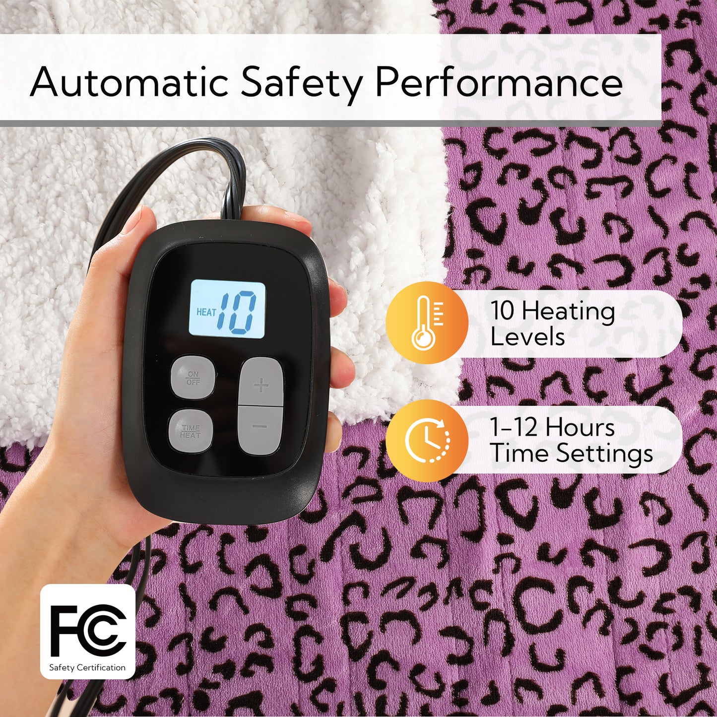 SUNNY HEAT Heated Electric Blanket Full Size 72'' x 84'' 6 Heating Levels & 1-10 Hours Auto Off , Leopard Black & Purple