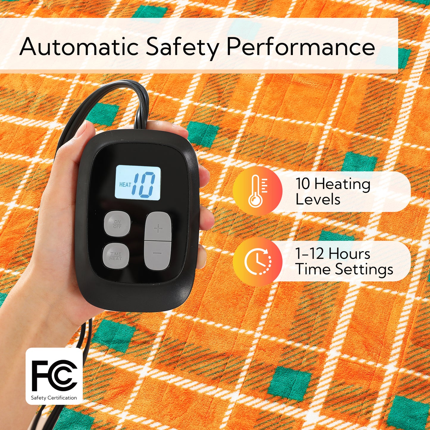 SUNNY HEAT Electric Heated Blanket 72"x84" Full Size, 10 Heating Levels & 12 H Auto Shut Off, Cotton & Microplush Plaid, Orange