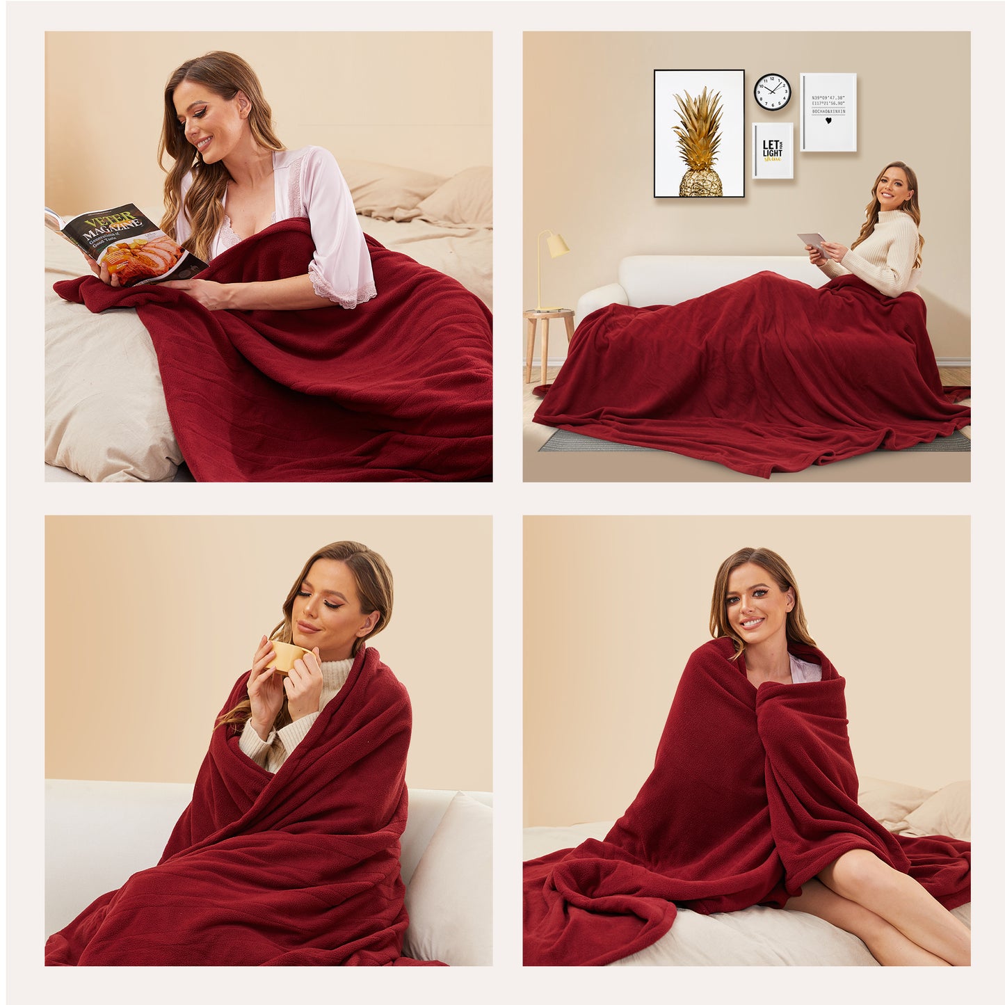 SUNNY HEAT Electric Heated Blanket 72'' x 84'' Polar Fleece Full Size Machine Washable, Dark Red