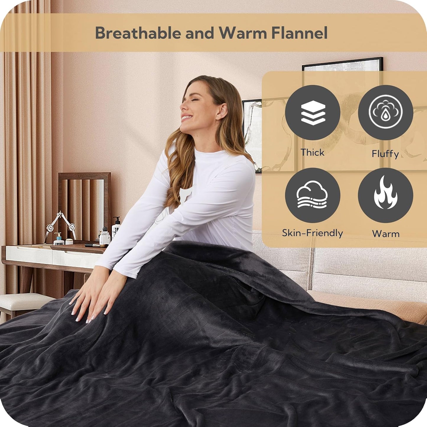 SUNNY HEAT Electric Heated Blanket Flannel 72" x 84" Full Size-4 Heating Settings & 10 Hours Auto Off, Warm Machine Washable- Dark Grey