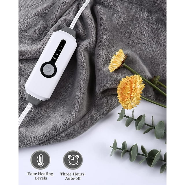 SUNNY HEAT Electric Heated Blanket Throw Flannel 50" x 60" Throw Size-4 Heating Settings & 3 Hours Auto off, Soft Machine Washable-Light Grey