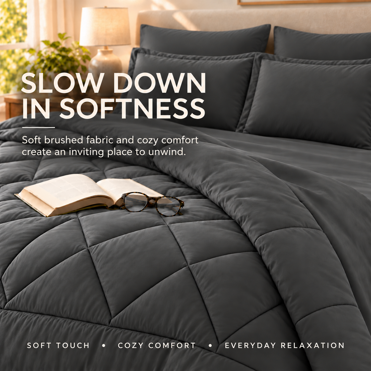 SUNNY HEAT Queen Comforter Set 7 Piece Bed in a Bag, Soft All Season Bedding Set with Comforter, Flat Sheet, Fitted Sheet, Pillowcases and Shams, Machine Washable, Dark Grey